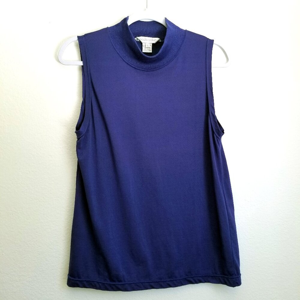 Paula Saker Sleeveless Blouse Top with High Neck Mock Neck Navy Blue Size Small